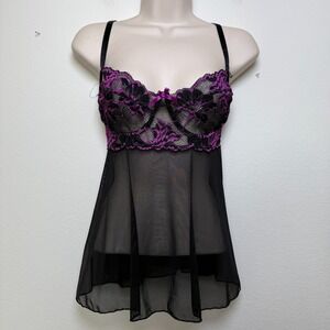 Coquette Women Babydoll Cami Top Large Sheer‎ Purple Lace Overlay Whimsigoth